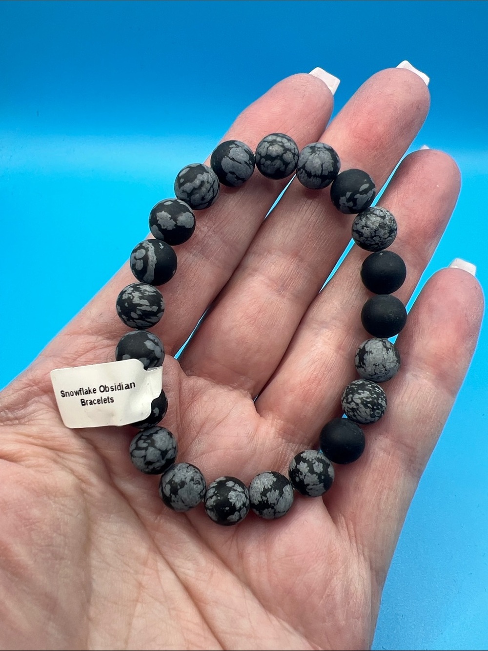 Snowflake Obsidian Beaded Stretch Bracelet - Black & Gray